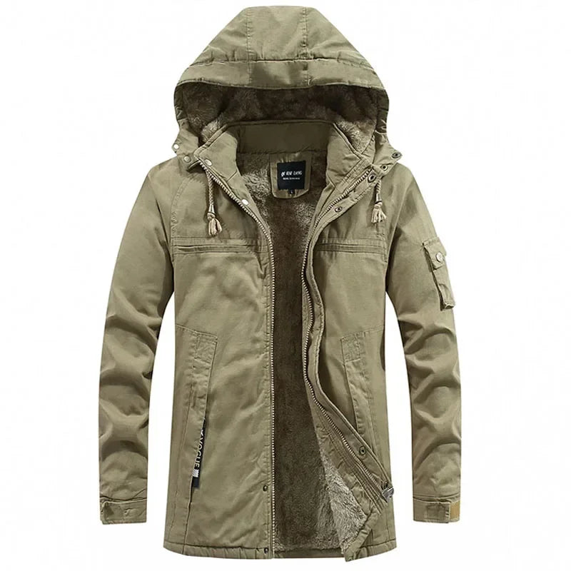 Męska kurtka parka w stylu militarnym, wiatroszczelna z kapturem, z bawełny typu washed, ocieplana grubym polarem, ciepła kurtka zimowa typu varsity w stylu casual, nowość