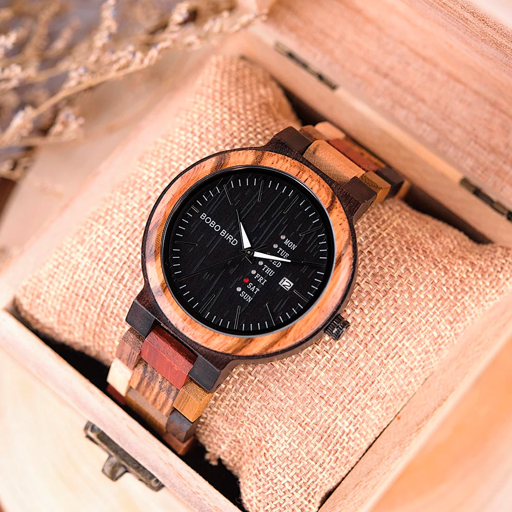 BOBO BIRD Wood Watch Men Women Quartz Week Date Couple Timepiece Colorful Wooden Band Logo Customize Gift