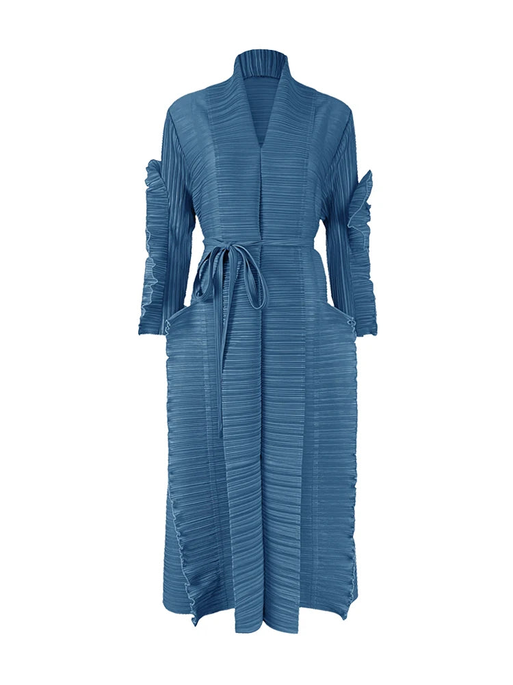 Miyake Pleated Petal Sleeve Dress Lapel Cardigan Sashes High Fashion Loose Long Dresses Fall 2022 Winter Women Designer Clothes