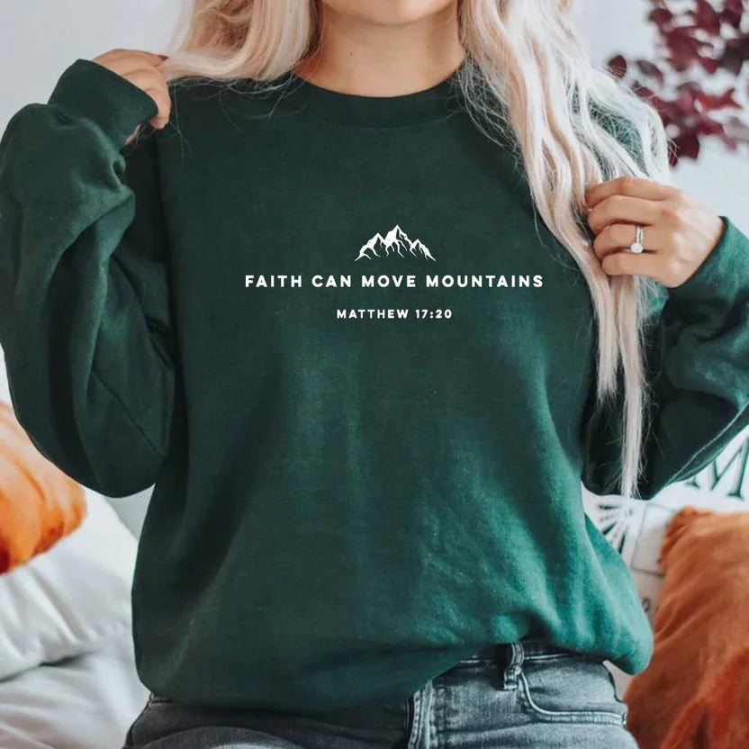 Bluza z napisem Faith Can Move Mountains Chrześcijańska bluza bez kaptura Bluza z cytatem z Biblii Bluza z kapturem Jesus Faith Modna odzież damska góra