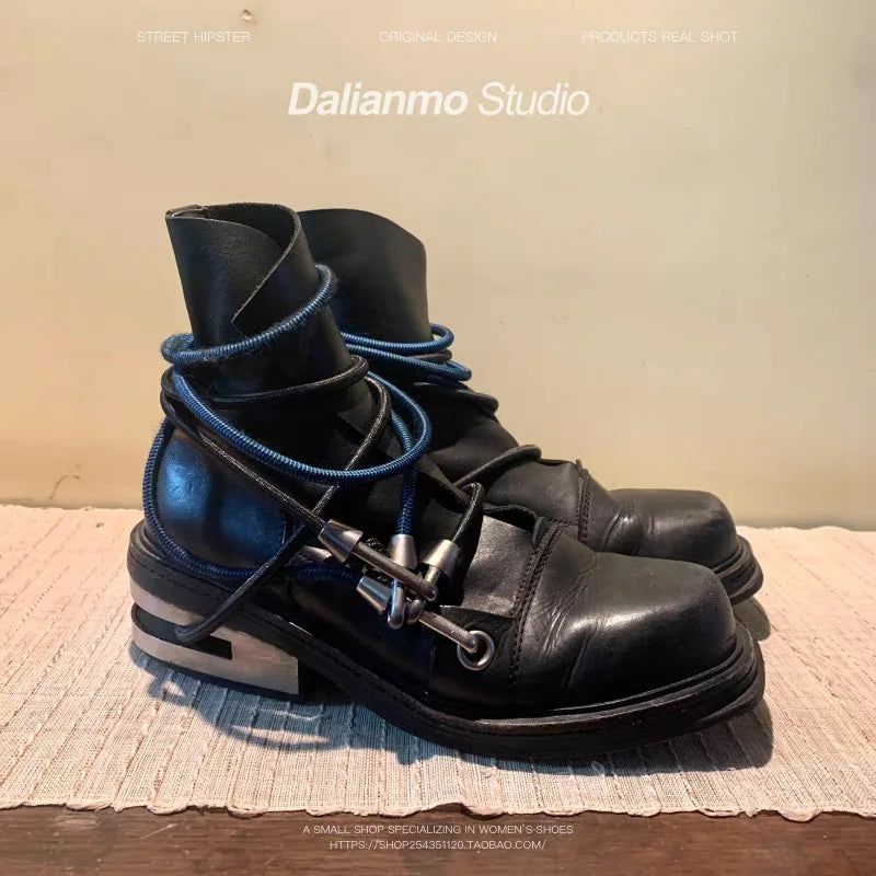 Fashion Men's Genuine Leather Motorcycle Boots Strange Metal Chunky Heel Mid-Calf Round Toe Elastic Band Western Boots Women
