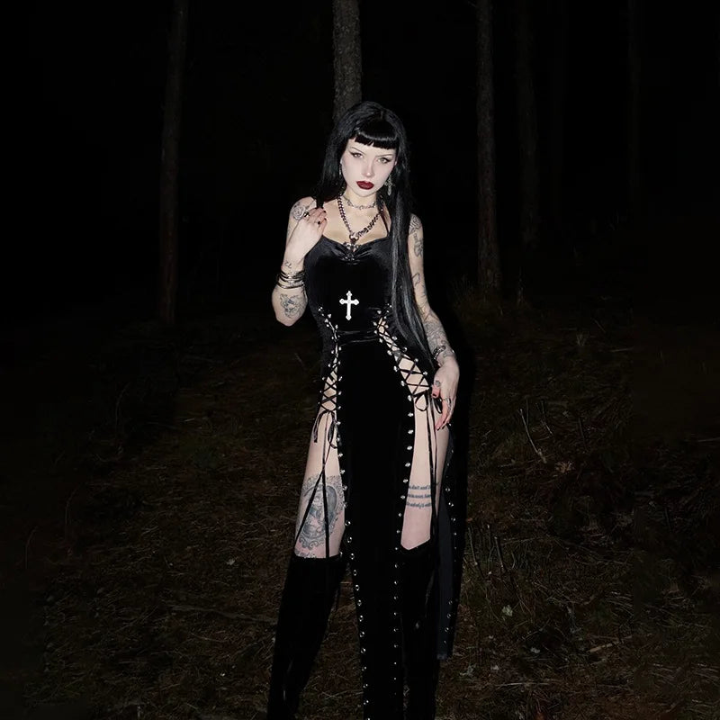 Punk Grunge High Split Hem Straps Dess 90s Streetwear Gown Women Sexy Corn Bandage Velvet Dresses Mall Gothic Clothing
