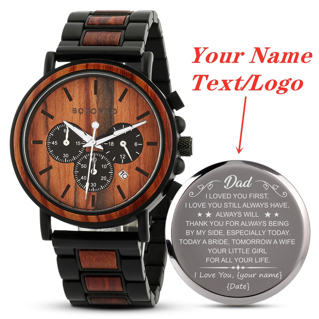 Engraved Wooden Watch Father's Day Custom Your Logo BOBOBIRD Quartz Wristwatch Men Boyfriend Birthday Groomsmen Anniversary Gift