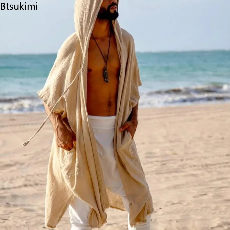 2026 Men's Summer Mid-Length Cardigans Loose Casual Sun Protection Clothes Beach Holiday Style Shawl Coat Male Long Hooded Cape