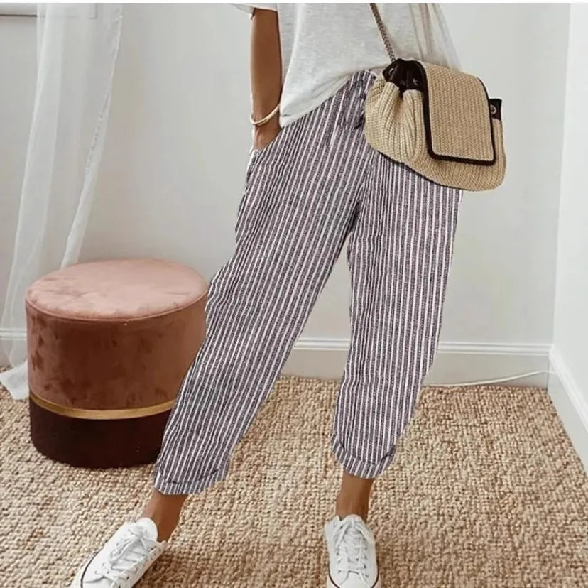 Pantalones casuales de verano para mujer, estilo europeo y americano, de moda, holgados, con estampado de rayas, cintura elástica y cordón