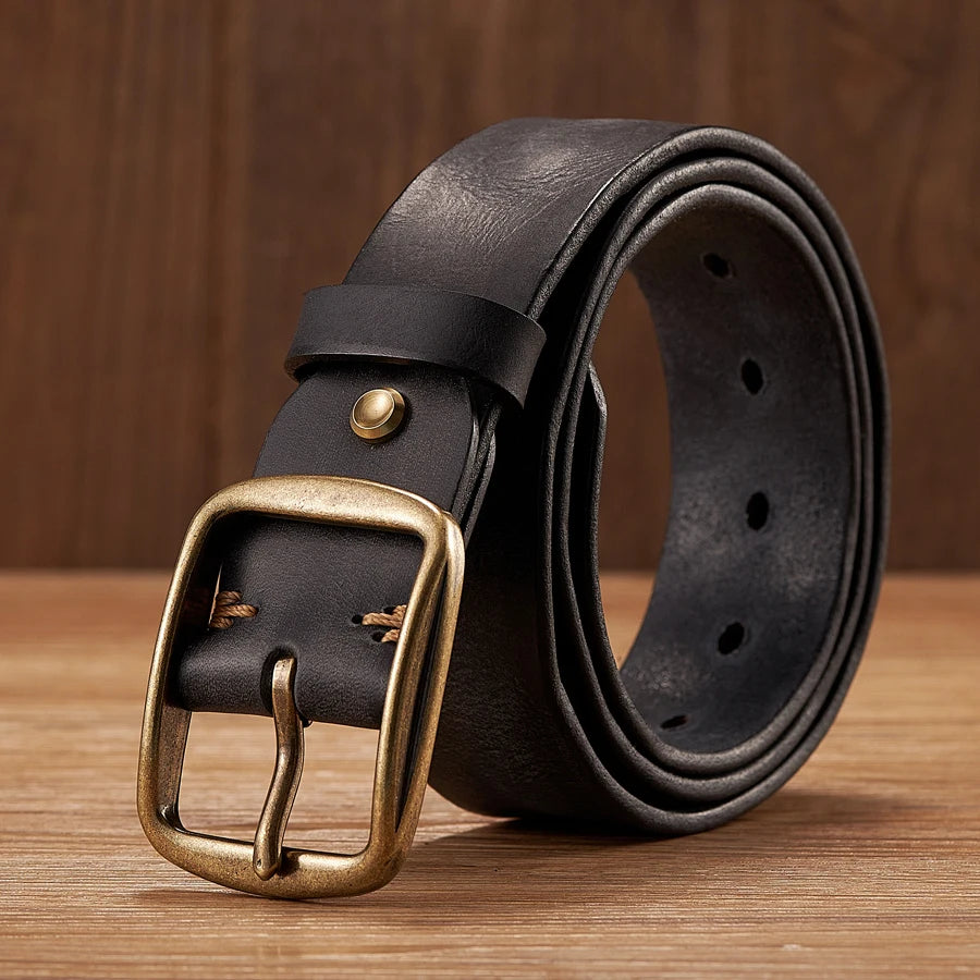 Cinturón de piel auténtica de vaca gruesa con hebilla de pasador de cobre para vaqueros, cinturón informal de moda, correa retro de lujo para hombre