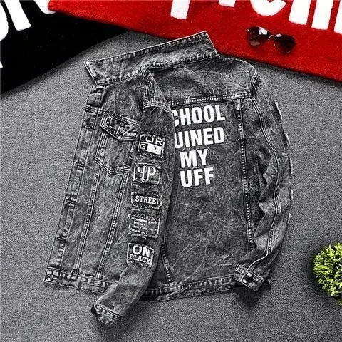 Jeans Coat for Men Hip Hop With Print Ripped Button Black Hole Denim Jackets Man Size L Large Lxury Worn Cowgirl Fast Delvery G