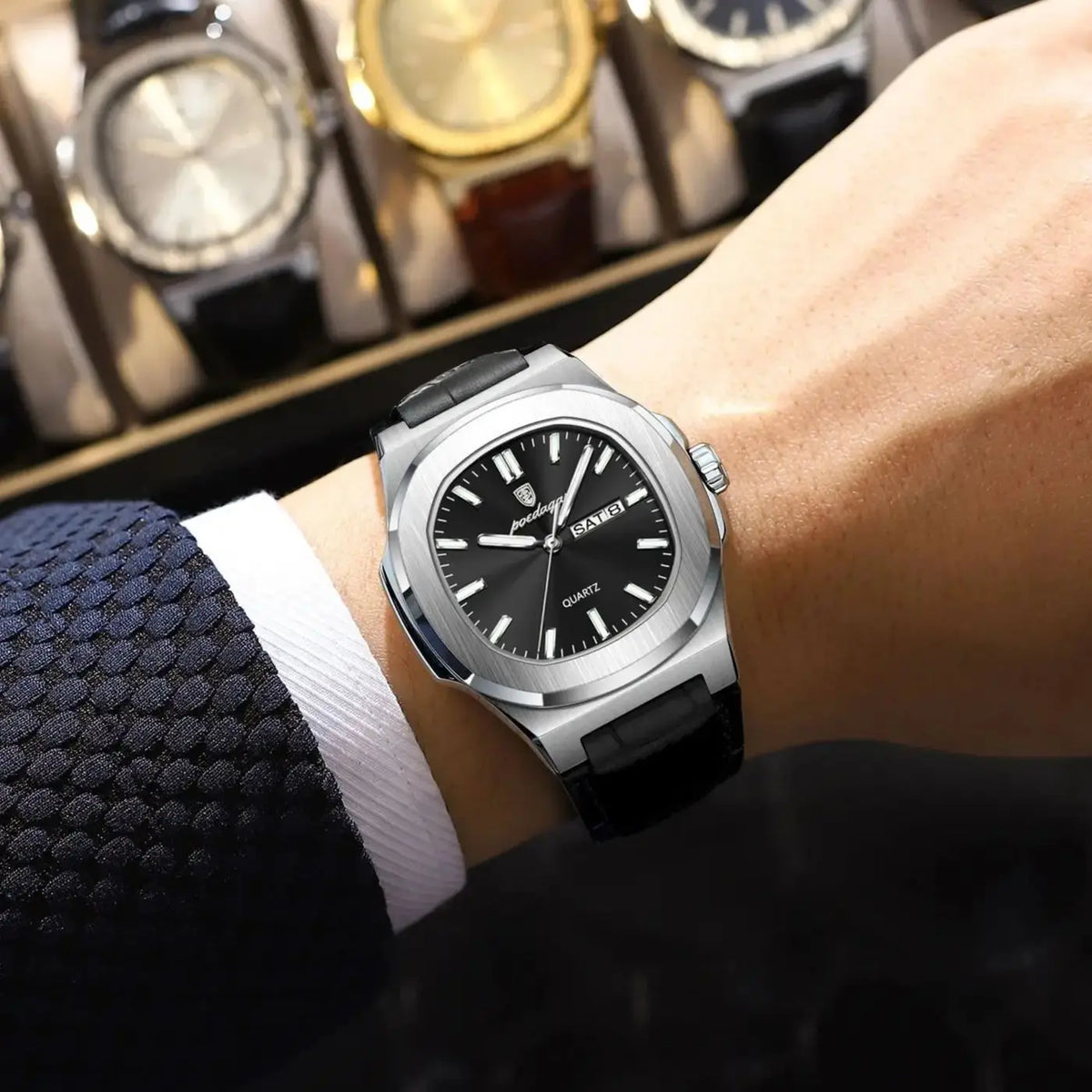 POEDAGAR Men's Fashion Leather Strap Waterproof Wristwatch