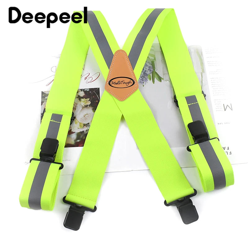 Deepeel 5*110 cm breda fluorescerande hängslen för vuxna män, X-modell med 4 klämmor, justerbart band, arbetssele, elastiskt bälte för män