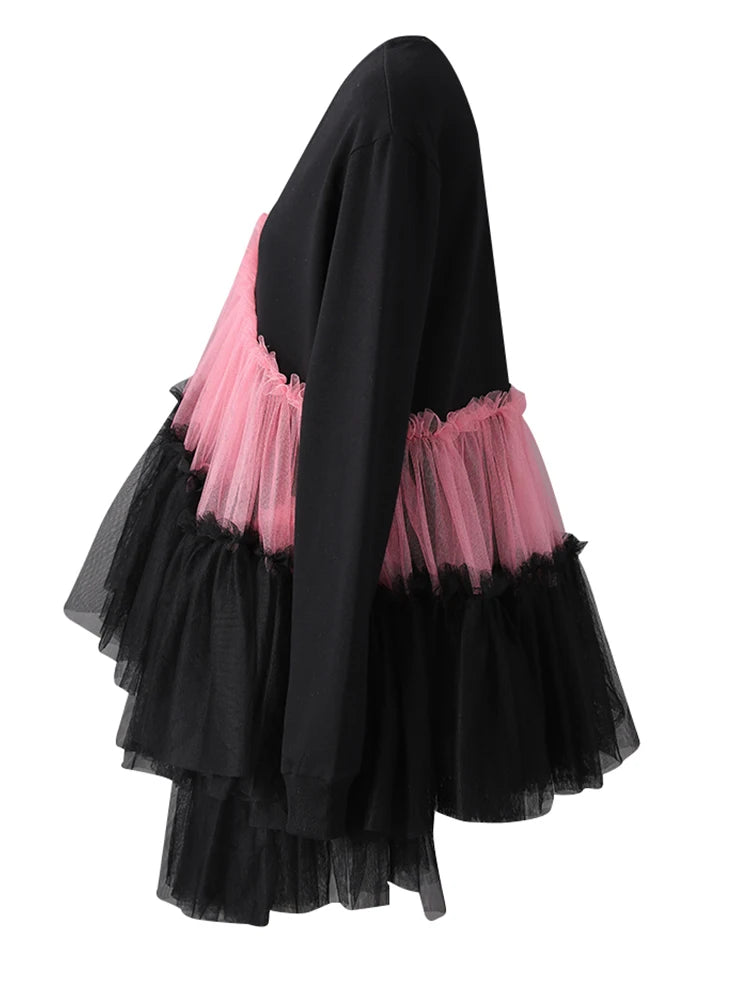 [EAM] Women Balck Mesh Ruffles Irregular Big Size Mini Dress New Round Neck Long Sleeve Fashion Tide Spring Autumn 2026 CPG3045