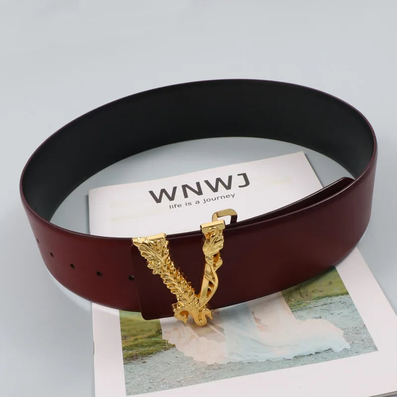 Width 6.5CM Waist Belt Women Metallic Gold Large V-Shaped Cowhide Decoration Versatile Fashion Commuter Dress Jacket Jeans Belt