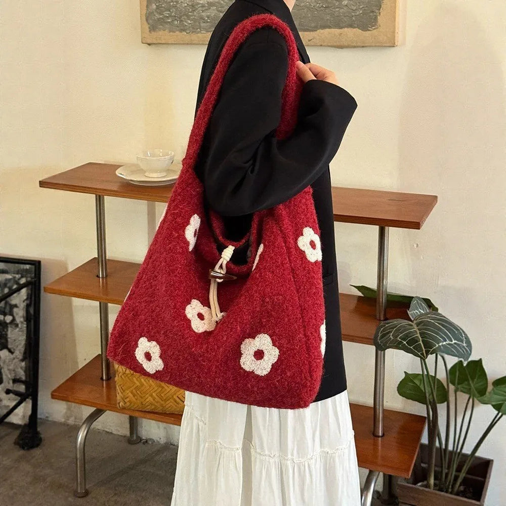 Flower Embroidered Felt Shoulder Tote Bag for Women