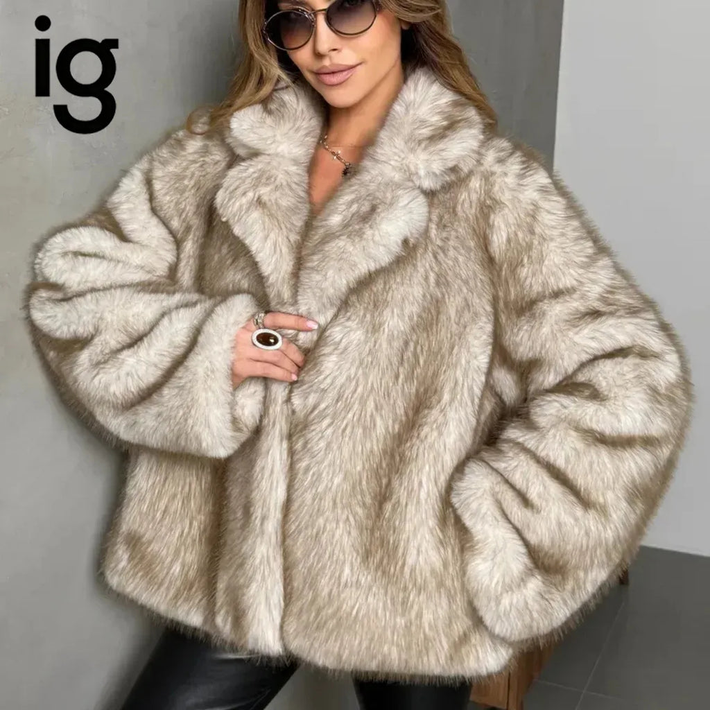 IG Women's Faux Fur Coat with Lapel Collar and Side Pockets