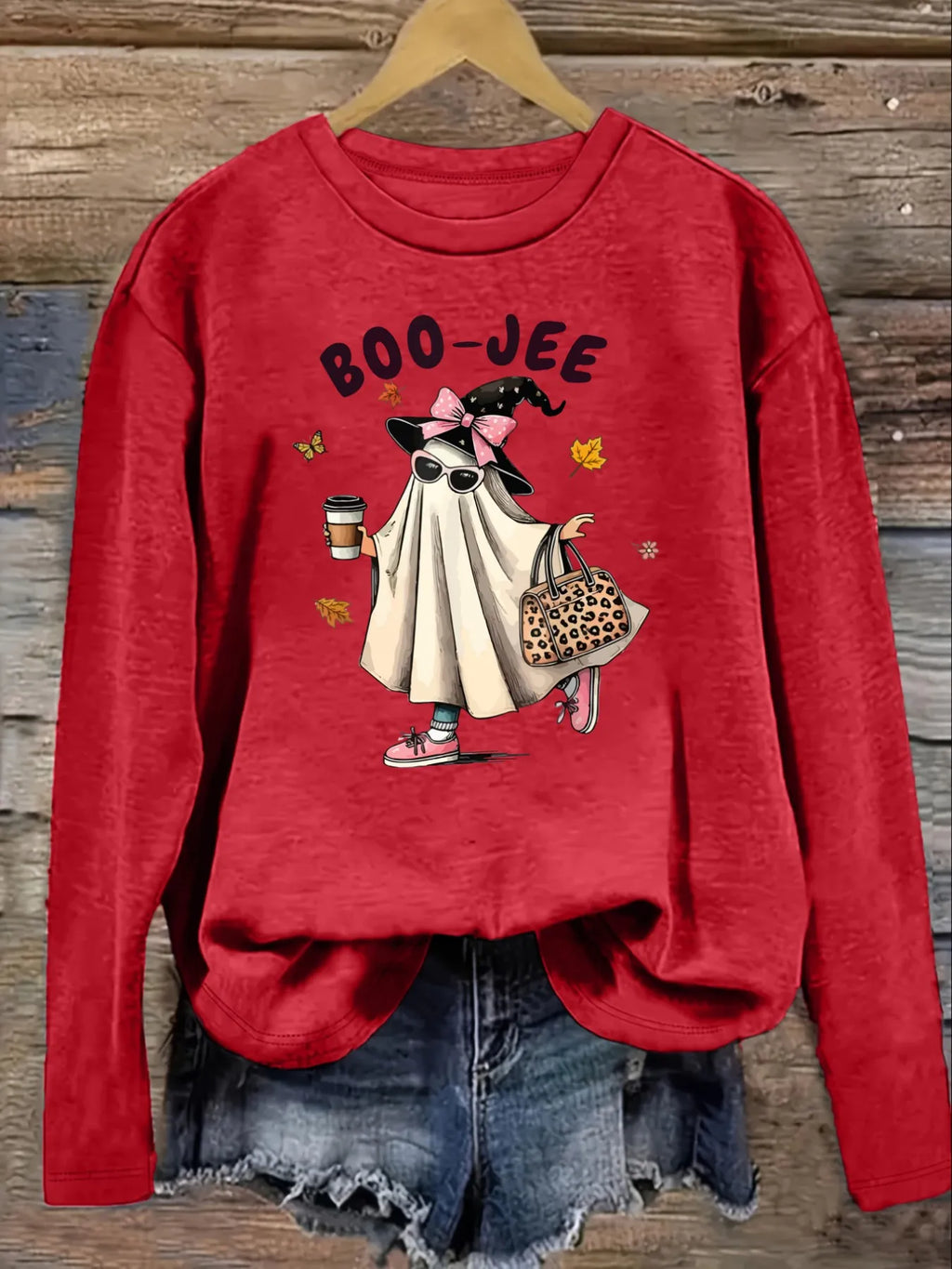 Women's Casual Long Sleeve Crew Neck T-Shirt Boo-Jee Ghost With Coffee Design, Round Neck Women's Clothing, Machine Washable, Slightly Elastic, Loose Fit, Spring Autumn Winter Women's T-Shirt, Halloween Costume Outfit