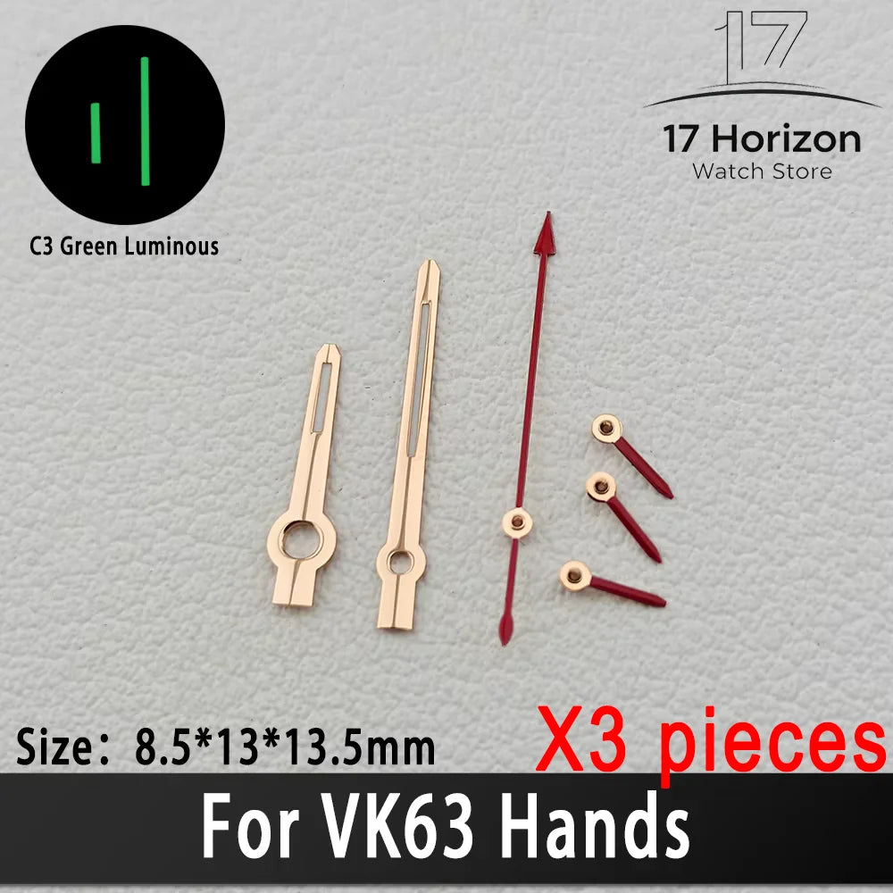 Agujas VK63 de alta calidad, manecillas de carreras para reloj VK63, manecillas de reloj con luminiscencia verde C3, piezas de relojes para hombre con movimiento de cuarzo VK63
