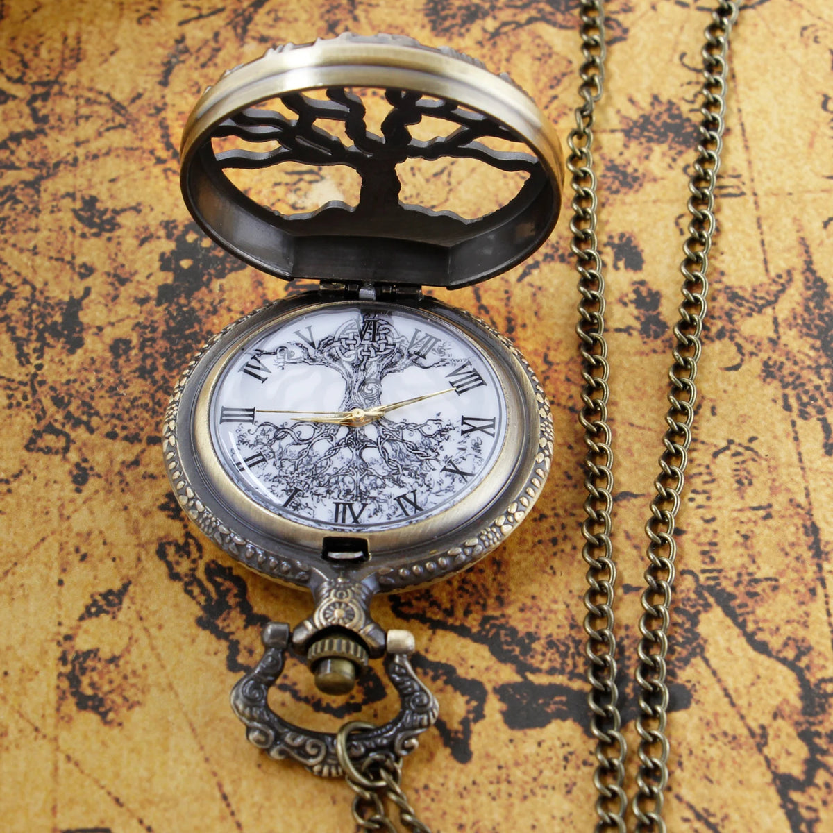 Steampunk Retro Bronze Hollow Tree of Life Quartz Pocket Watch With Fob Women's Watch Pendant Necklace Chain Men's Gift CF1088