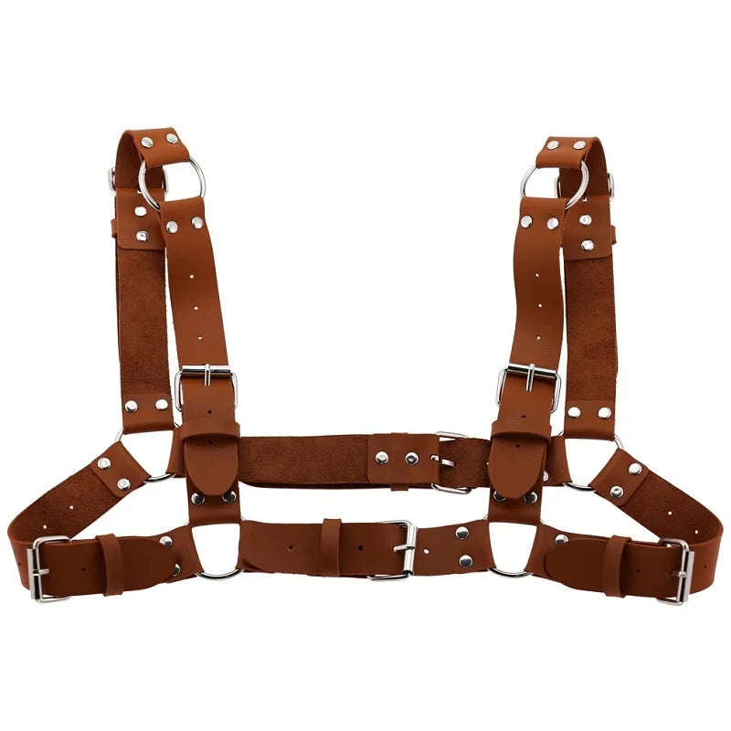 Arnés de pecho punk sexy para mujer y hombre, cadena corporal de metal enjaulado ajustable, gargantilla de cuero sintético, collar llamativo para fiesta y clubwear