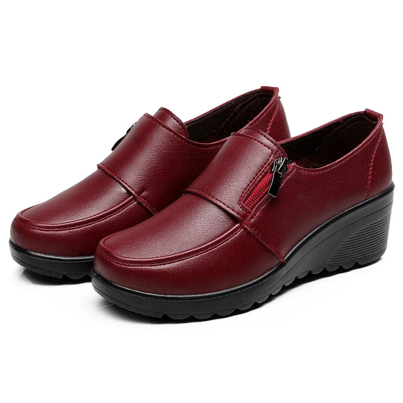 BEYARNE  Spring Autumn Women's Fashion Pumps Shoes Woman Genuine Leather Wedge Single Casual Shoes Mother High Heels shoesE175