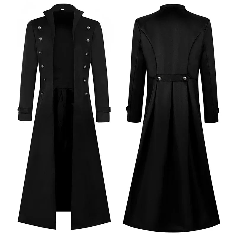 Gothic Trenchrock för män medeltida steampunk retro dubbelknäppt kappa med detaljer enfärgad herr kavajslag vintage lång jacka