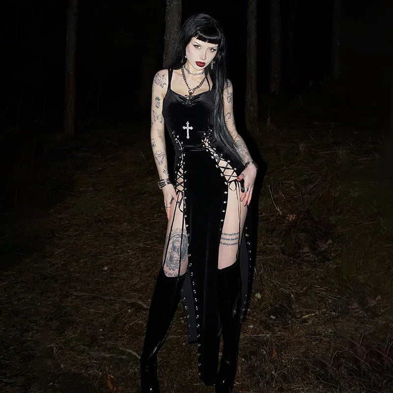 Punk Grunge High Split Hem Straps Dess 90s Streetwear Gown Women Sexy Corn Bandage Velvet Dresses Mall Gothic Clothing