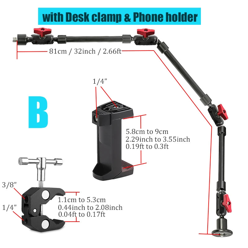 Brazo mágico de aleación de aluminio de 32" BFOLLOW con abrazadera para cámara y dispositivos móviles