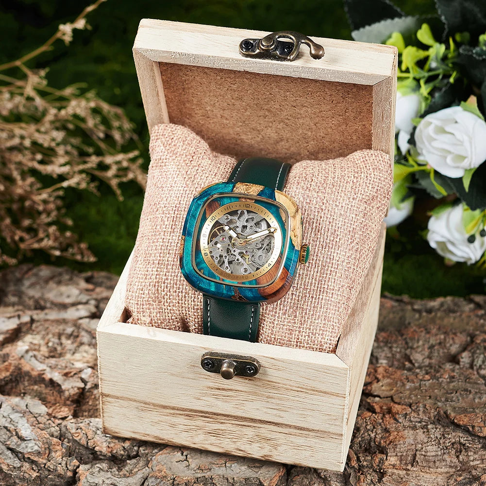 Reloj de pulsera mecánico de madera y resina para hombre BOBO BIRD, personalizado con nombre o logotipo, regalo para novio, admite dropshipping