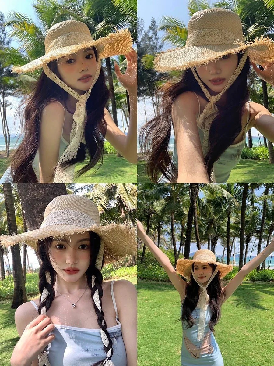 New Natural Raffia Hat Women Summer Hand Woven Straw Hat Gilrs Holiday Sun Hats Wide Brim Sun Hat Floppy Panama Travel Beach Hat