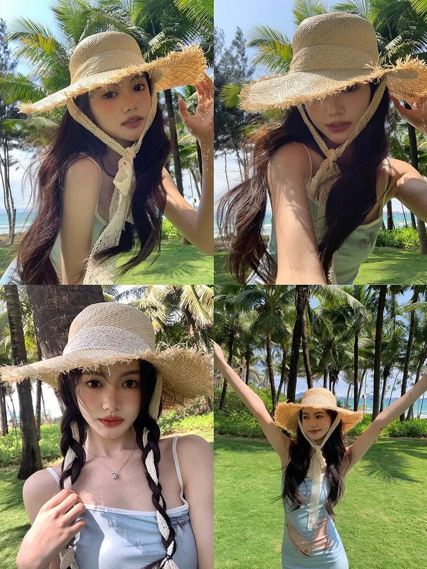 New Natural Raffia Hat Women Summer Hand Woven Straw Hat Gilrs Holiday Sun Hats Wide Brim Sun Hat Floppy Panama Travel Beach Hat
