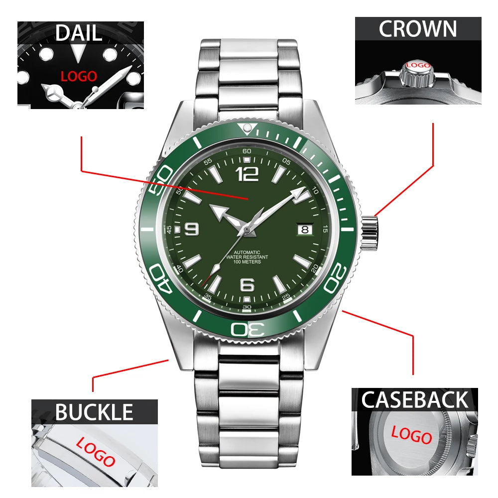Gustom Logo Automatic Mechanical Men Watch 41mm NH35 Movement Sapphire Steel Strap Watch Waterproof Luminous 90 Ring Corgeut