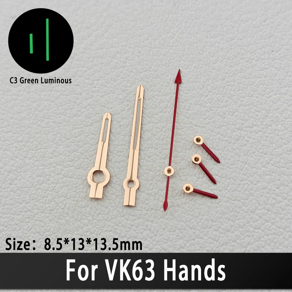 Agujas VK63 de alta calidad, manecillas de carreras para reloj VK63, manecillas de reloj con luminiscencia verde C3, piezas de relojes para hombre con movimiento de cuarzo VK63