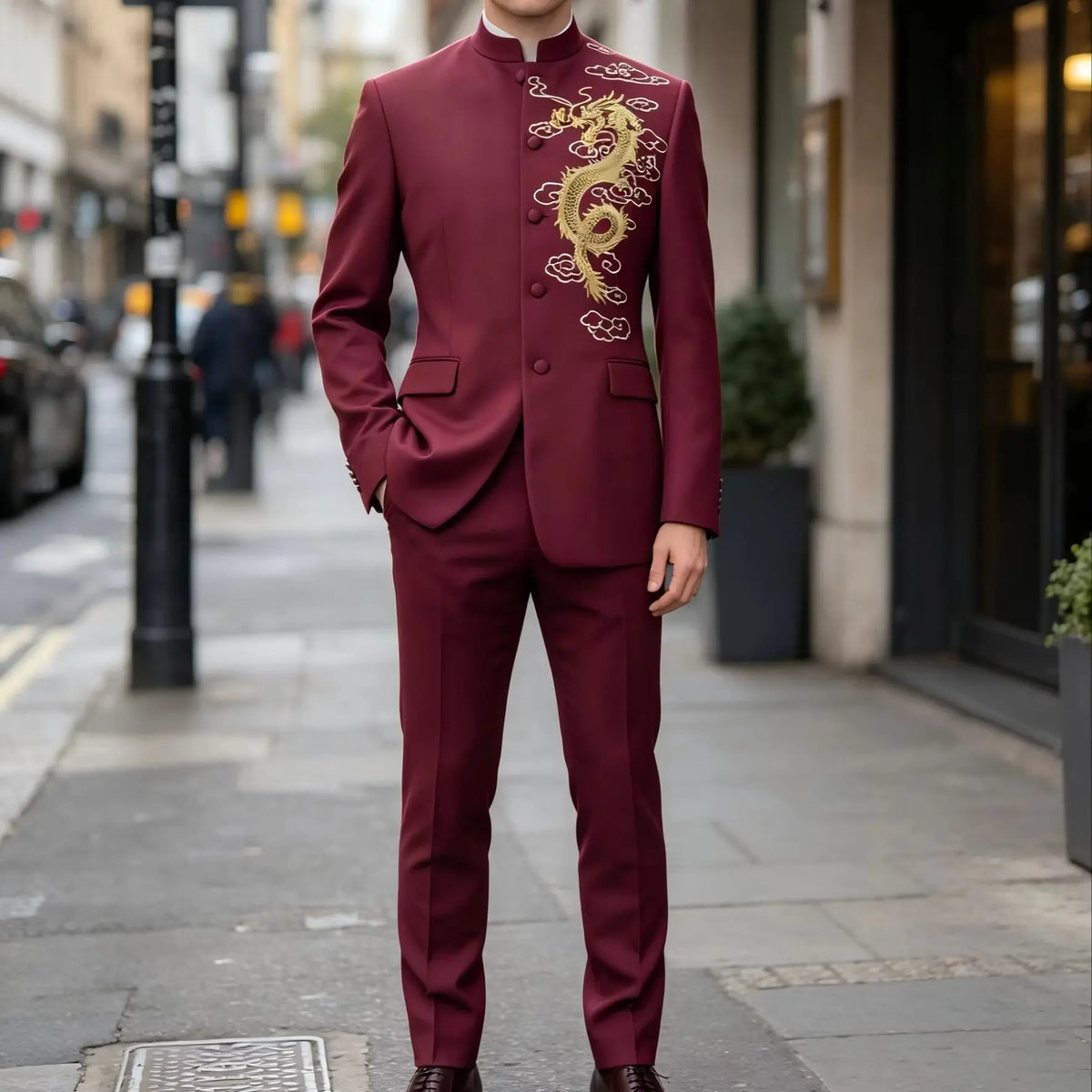 Herren Zhongshan-Anzug 2-teiliges Set Rot bestickt Wunschfarbe Festliches Outfit für Bräutigam Moderator Hochzeit Bühne Party Auftritt