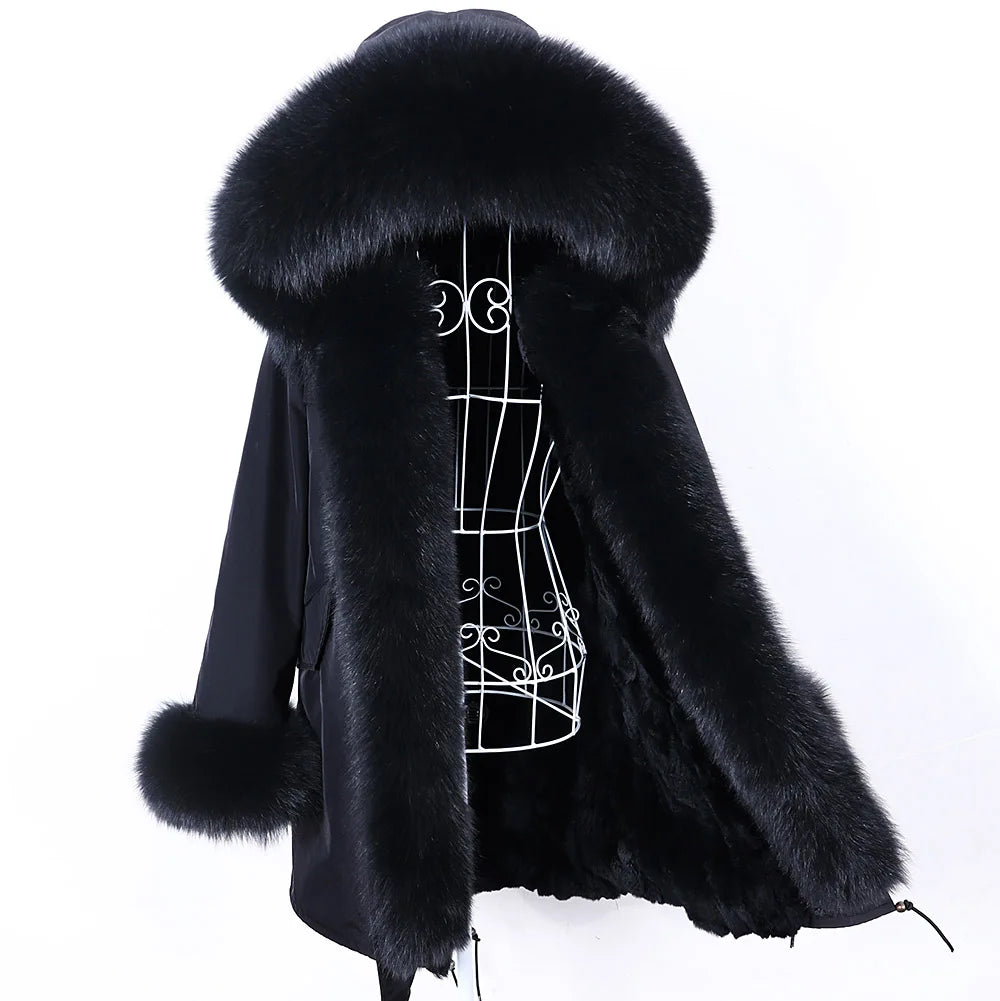 MAOMAOKONG 2026 Removable Real Fox Fur Collar Coats Woman Winter Jacket Hooded Rabbit Fur Lining Long Parkas Female Clothes