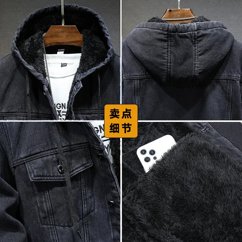 Chaqueta de mezclilla para hombre más gruesa y cálida, con capucha, forro de borrego y acolchada, imitación de lana de cordero, ropa para hombre