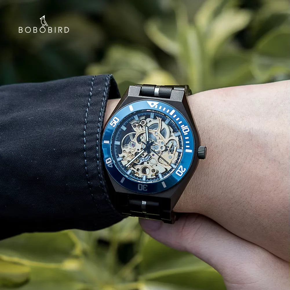 BOBO BIRD Wooden Mechanical Automatic Wristwatch for Men with Luminous Hands
