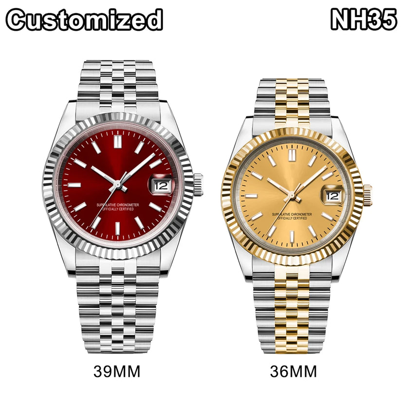 Męski zegarek z personalizowanym logo, mechanizm NH35, 36mm/39mm, szafirowe szkło, złoty zegarek, mechaniczny zegarek na rękę, wodoszczelność 100M, Reloj Hombre