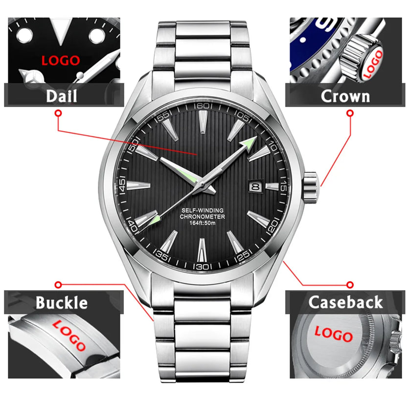 Męski zegarek mechaniczny z automatycznym naciągiem NH35, personalizowane logo, szkło szafirowe, 41 mm, zegarek męski ze stali nierdzewnej z datownikiem