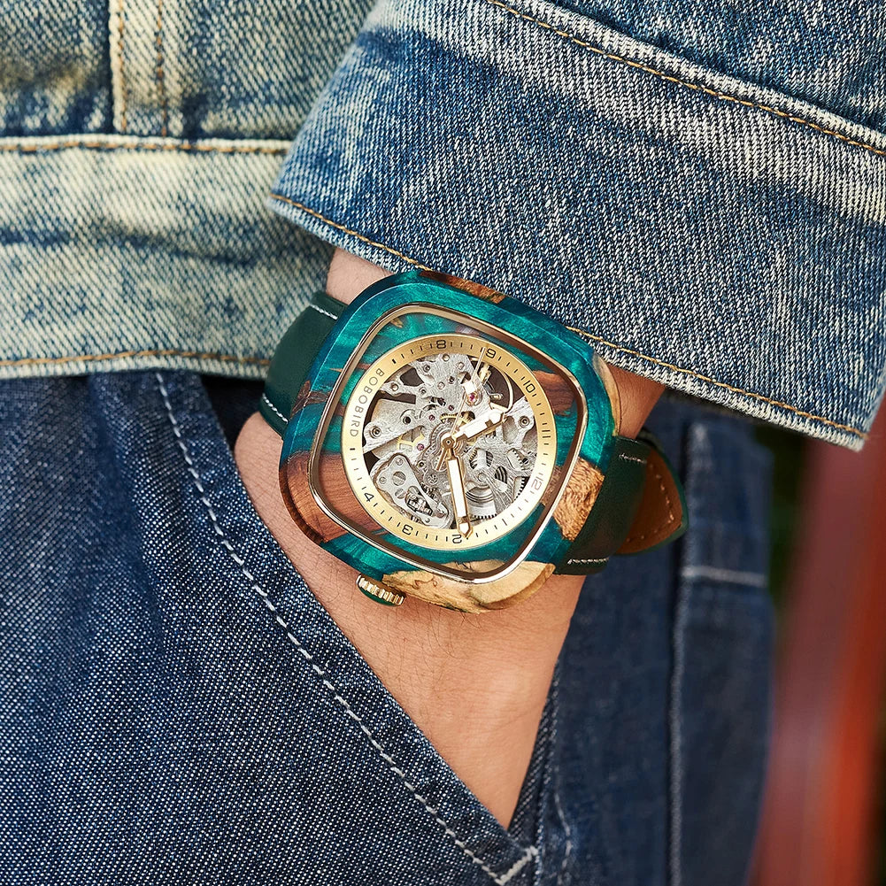 Reloj de pulsera mecánico de madera y resina para hombre BOBO BIRD, personalizado con nombre o logotipo, regalo para novio, admite dropshipping