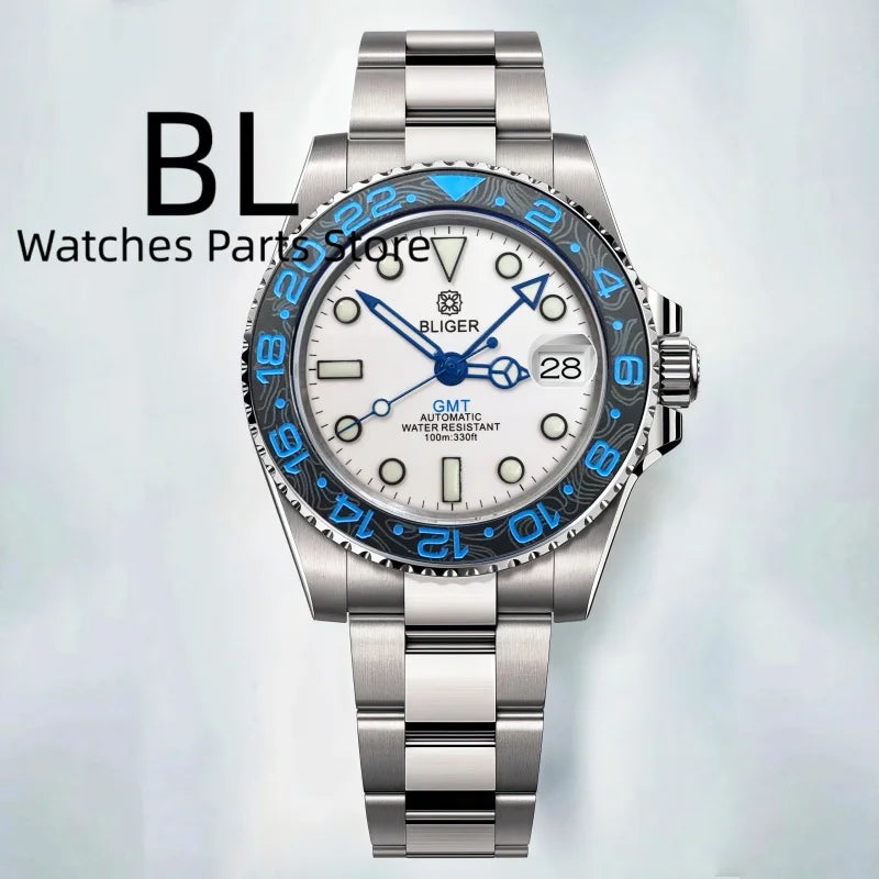 BLIGER 40mm Customizable Logo Blue GMT Watch for Men Black White Dial Green Luminous Sapphire Glass Waterproof Reloj Hombre Date