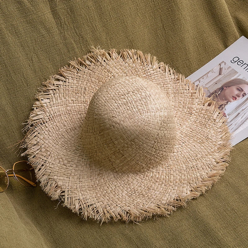 New Natural Raffia Hat Women Summer Hand Woven Straw Hat Gilrs Holiday Sun Hats Wide Brim Sun Hat Floppy Panama Travel Beach Hat