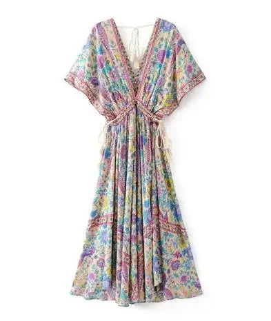 Boho Queens Women Peacock Floral Print Bat Sleeve Beach Bohemian  Maxi Dresses Ladies v Neck Tassel Summer Dress Vestidos