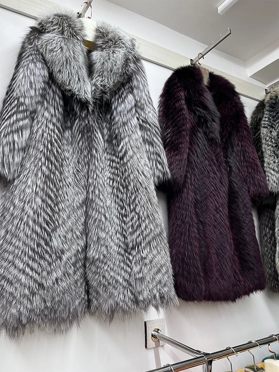 Winter New Ladies 100% Natural Fox Fur Coat With Stripes Long Cardigan Luxury Elegant Plus Size Clothes Coat Can Be Customized