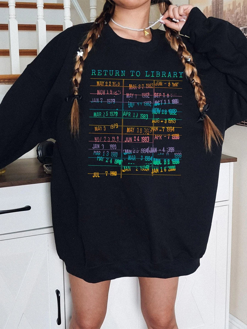 Vintage Library Rainbow Sweatshirt Return to Library Card Book Due Date Shirt Reader Gift for Librarian Trendy Apparel Top