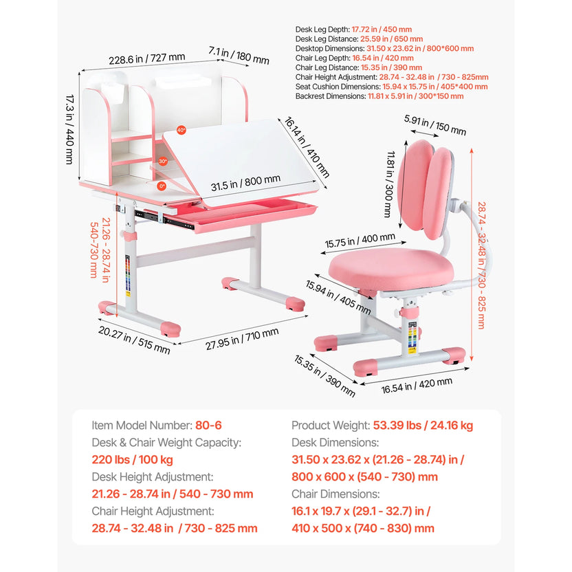 Set de escritorio y silla de estudio para niños SucceBuy, escritorio y silla de estudio para niños con lámpara de mesa, altura ajustable para dormitorio y sala de estudio