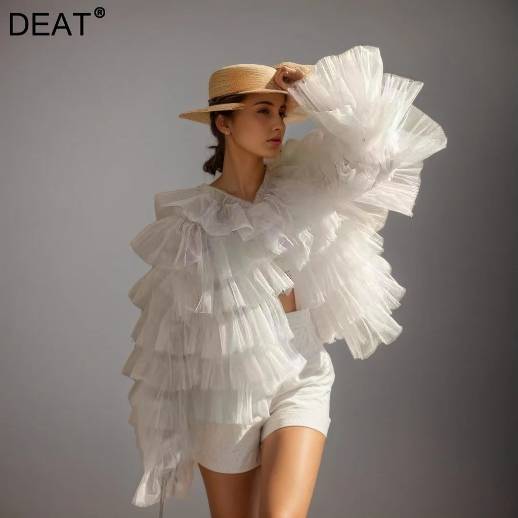 DEAT Fashion Multi Layer Mesh Open Stitch Shirt Women'sV-Neck Loose Fit Long Sleeves Yellow Blouse Summer New Tide