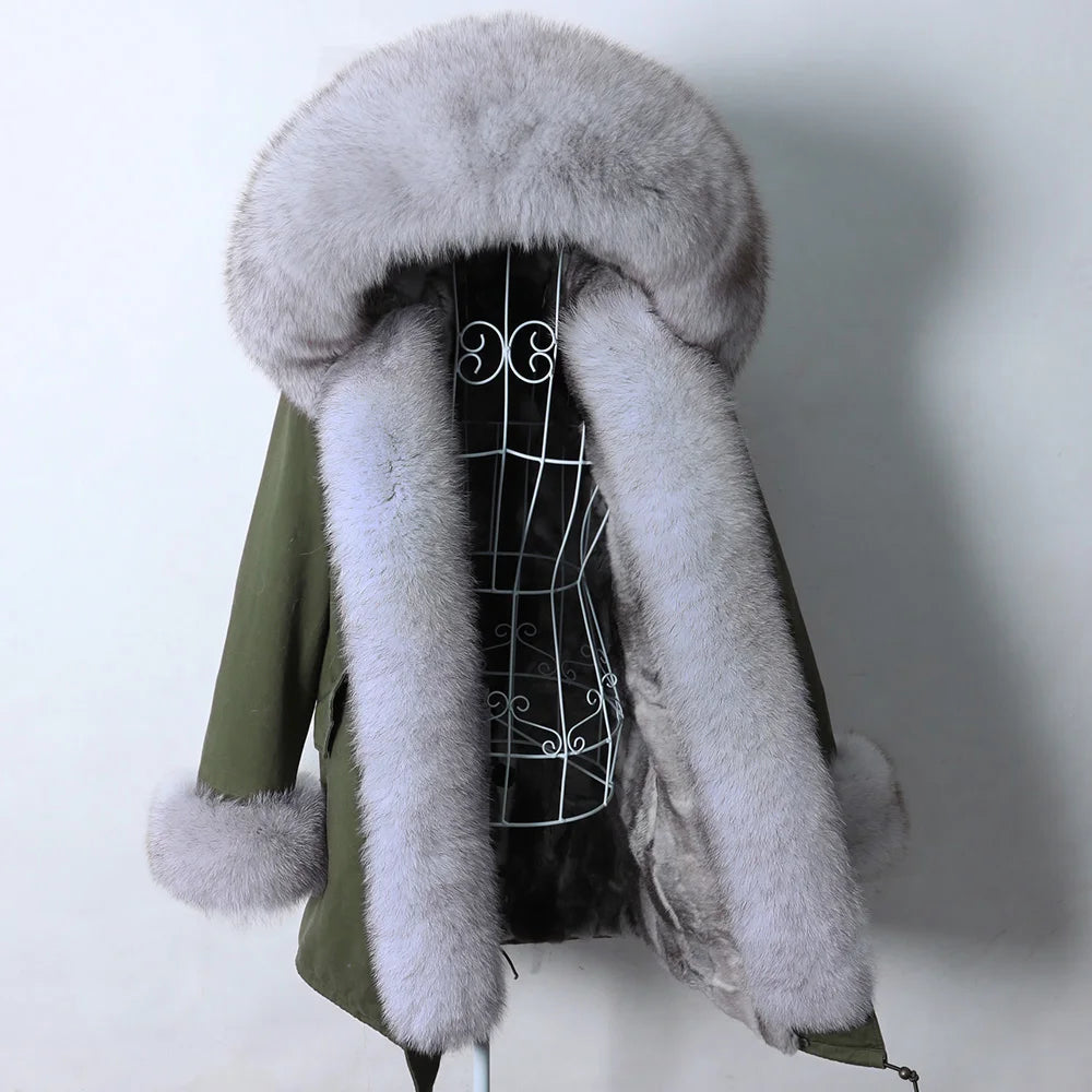 MAOMAOKONG 2026 Removable Real Fox Fur Collar Coats Woman Winter Jacket Hooded Rabbit Fur Lining Long Parkas Female Clothes
