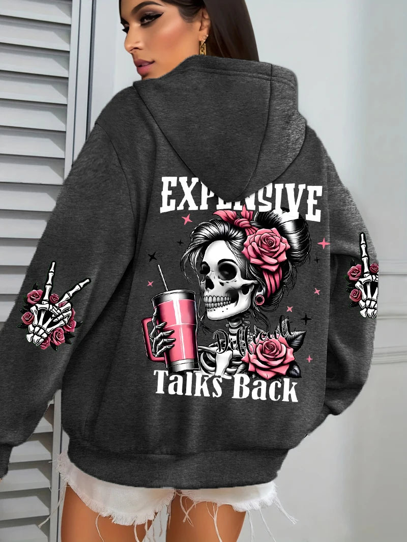 Damska bluza z kapturem z zabawnym nadrukiem „Expensive Talks Back”, luźny wielokolorowy sweter z polaru, jesienna odzież sportowa, bluza z kieszenią w stylu casual