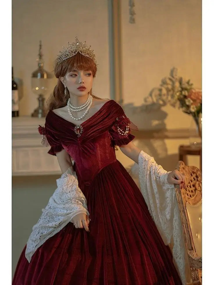 Victorian Red Velvet Dress Custom Made Vintage Gothic Ball Gown