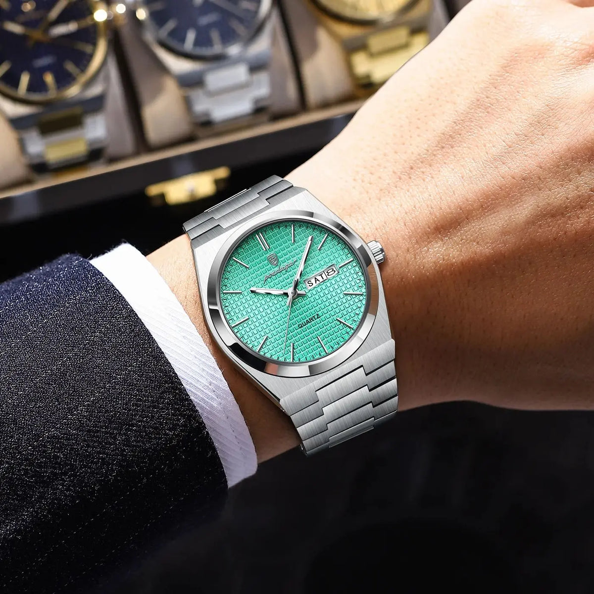 POEDAGAR Fashion Couple Watch Waterproof Stainless Steel Men Wristwatch Luminous Date Week Quartz Watches for Boyfriend+Gift Box