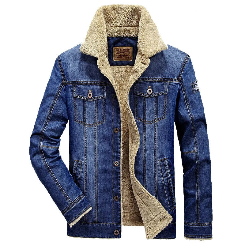 Men's Oversized Fleece-Lined Denim Jacket with Zipper Closure