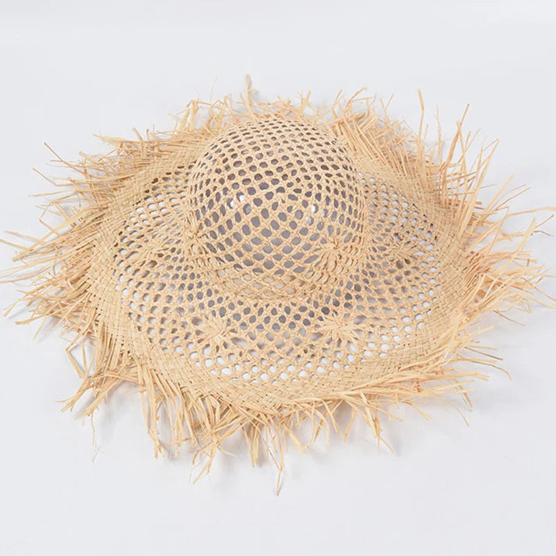 New Natural Raffia Hat Women Summer Hand Woven Straw Hat Gilrs Holiday Sun Hats Wide Brim Sun Hat Floppy Panama Travel Beach Hat